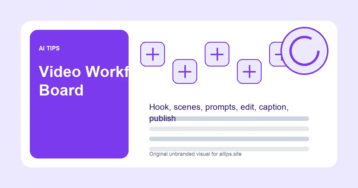 Video workflow board showing hook scenes prompts edit caption publish